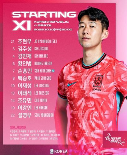 브라질과 친선 경기 한국 대표팀 선발 라인업[대한축구협회 SNS 캡처. 재판매 및 DB 금지]