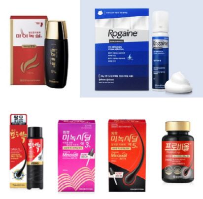 Topical minoxidil products used for hair regrowth. From left, clockwise: Hyundai Pharmaceutical’s “MyNoxyl,” Johnson & Johnson’s “Rogaine Foam,” and Dongsung Pharmaceutical’s “Dongsung Minoxidil.” (Photo courtesy of each company)