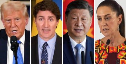 도널드 트럼프 대통령이 올해 1월 20일 취임후 가장 높은 관세를 부과하고 있는 3개국의 전·현직 국가정상들. 왼쪽 두번째부터 오른쪽으로 트뤼도 전 캐나다 총리, 시진핑 중국공산당 총서기, 쉐인바움 멕시코 대통령/조선일보DB
