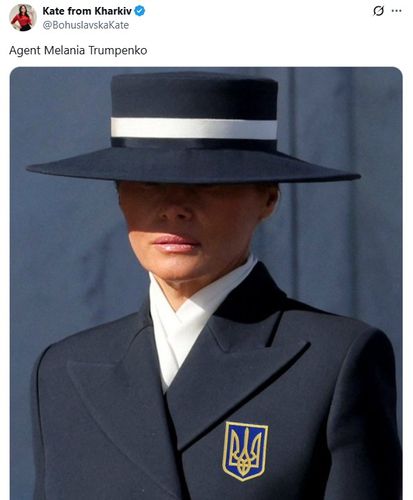 '트럼펜코 요원, 고생했네'1월 20일 트럼프 대통령 취임식에 참여했던 멜라니아 트럼프 여사의 모습에 우크라이나 국가 상징을 합성한 사진. 소셜미디어 엑스(X·옛 트위터) @BohuslavskaKate 캡처. 2025. 7. 16. 재판매 및 DB 금지