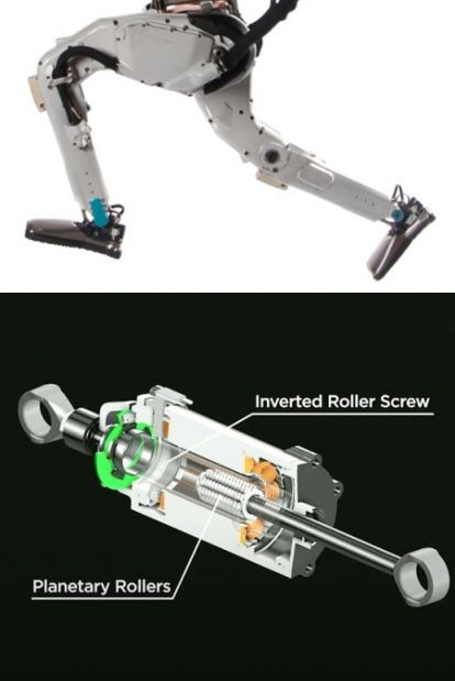 아틀라스의 출력을 강화하는 유압 시스템(위)과 옵티머스 관절에 탑재된 액추에이터. / 사진=보스턴 다이내믹스 홈페이지, 테슬라 유튜브 캡처