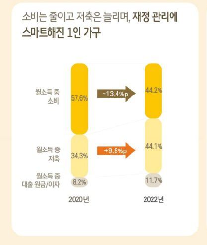 ‘2022년 한국 1인가구 보고서'에서 이들의 소비와 저축 형태 분석. KB금융지주 경영연구소 자료.