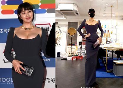 배우 김혜수가 2021년 청룡영화상 시상식에 참석하고 있는 모습, 드레스 피팅 후 포즈를 취하는 김혜수. /스포츠조선, 김혜수 인스타그램