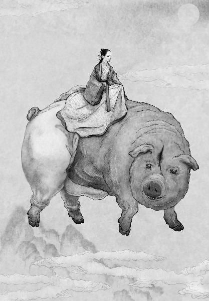 ‘이수문전’에 나오는 금돼지. 날아다니며 미인을 납치해 소굴에 가둬둔다. /눌와