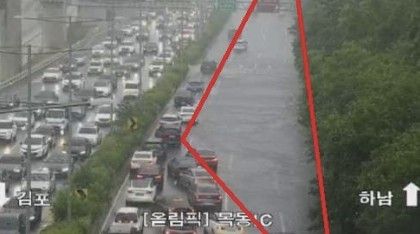 호우로 잠긴 목동 IC 인근 도로 - 8일 오후 서울에 갑자기 폭우가 내리면서 도로 등 곳곳이 침수됐다. 사진은 이날 폭우로 침수된 목동 IC 인근 도로. 2025.7.8 토피스 캡처