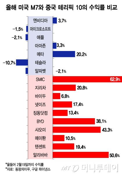 올해 미국 M7와 중국 테리픽 10의 수익률 비교/그래픽=김지영