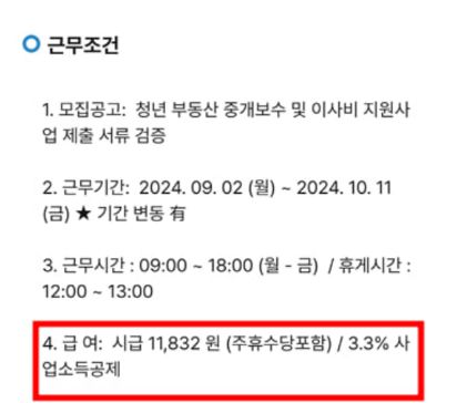 콜포유가 지난 8월 ‘청년 부동산 중개보수 및 이사비 지원사업 서류 검증’ 구직자를 찾기 위해 알바몬에 올린 채용공고. 근로기준법상 노동자가 받는 주휴수당을 준다고 하면서도 소득세가 아닌 3.3%의 사업소득세를 공제한다고 적혀 있다. 4대보험 가입 회피 목적이라는 지적이 나온다. 김주영 더불어민주당 의원실 제공