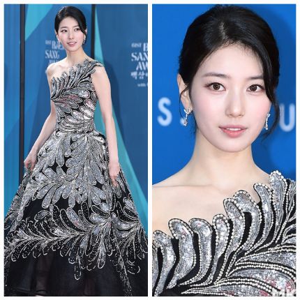 배우 수지가 백상의 밤, 검은 공작처럼 당당히 레드카펫을 지배했다.사진=천정환 기자