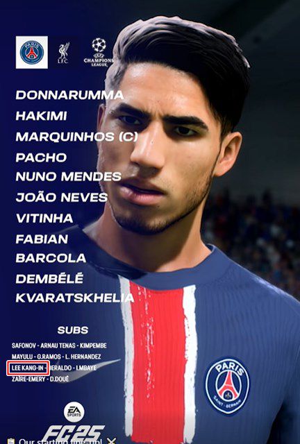 PSG의 6일 리버풀전 엔트리./PSG