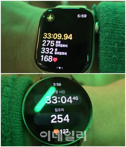 위는 애플워치10, 아래는 갤럭시워치7(사진=윤정훈 기자)