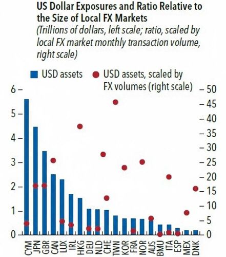 환노출 달러자산 및 외환시장 대비 배율(빨간점)./국제통화기금(IMF) '글로벌 금융안정보고서'