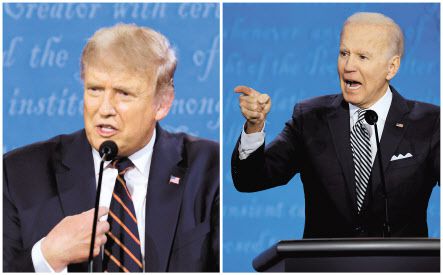 미 대선 후보 1차 토론에서 도널드 트럼프(왼쪽) 대통령과 민주당 조 바이든 후보가 토론을 벌이고 있다. 트럼프 대통령은 당시 토론을 반등의 기회로 여겼으나, 이튿날 발표된 여론조사에서 그는 바이든 후보에게 10%포인트 이상 뒤쳐지며 분위기 전환에 실패했다. [로이터]