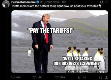 도널드 트럼프 미국 대통령이 상호 관세 부과 정책을 발표한 뒤 엑스(X·옛 트위터)에 올라온 펭귄 밈. 엑스 캡처