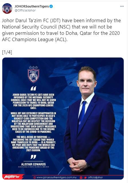 조호르 다룰의 ACL 불참 공지 [조호르 다룰 인스타그램 캡처, 재판매 및 DB 금지]