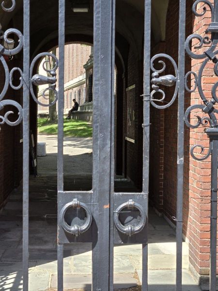 3일(현지시간) 미국 매사추세츠주 케임브리지의 굳게 닫힌 하버드대 교문 틈 사이로 한 외국인 학생의 모습이 비친다. 케임브리지=권해영 특파원