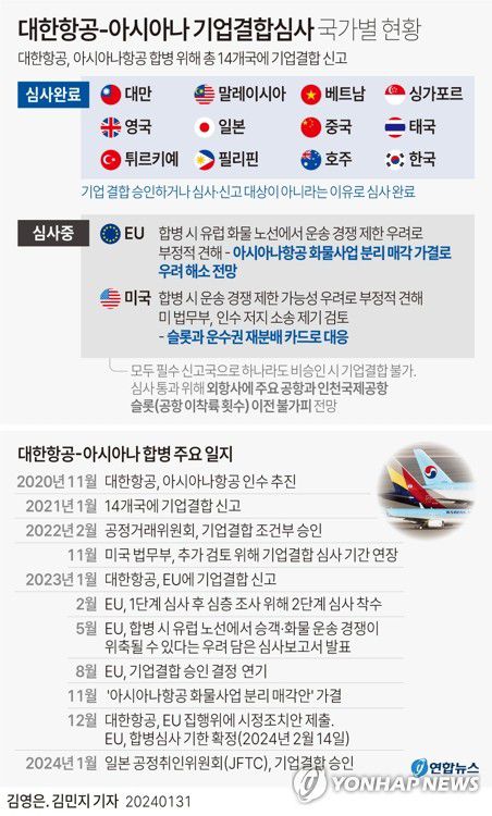 [그래픽] 대한항공-아시아나 기업결합심사 국가별 현황(서울=연합뉴스) 김영은 김민지 기자 = minfo@yna.co.kr     트위터 @yonhap_graphics  페이스북 tuney.kr/LeYN1