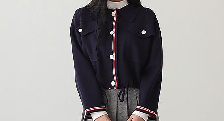 카라 배색 라인 니트 가디건