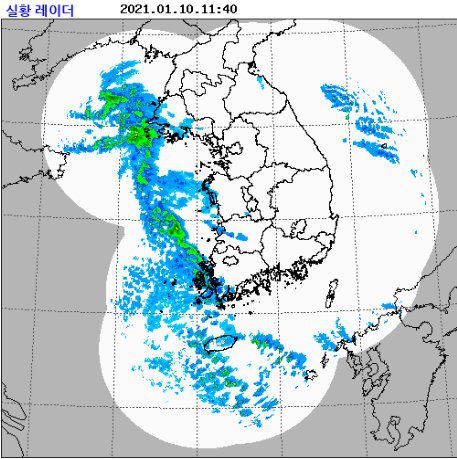 10일 오전 레이더로 관측한 강수현황. 중서부지역을 중심으로 오후 한때 눈이 다소 내릴 것으로 예상된다. 자료 기상청