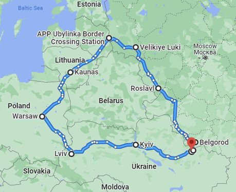 우크라이나 히르키우 외곽에 거주하는 베라예프가 약혼녀와 가족들을 만나기 위해 이동한 경로를 구글 맵에 표시한 것. /구글맵