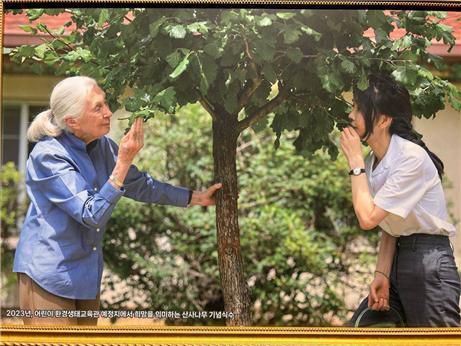 제인 구달 박사(왼쪽)와 김건희 여사(오른쪽)가 대화하고 있는 사진이 용산어린이정원 생태환경교육관 제인 구달 특별전에 전시됐다. 2024.10.24 sheep@newspim.com