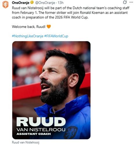 판니스텔로이의 국가대표팀 코치 합류 소식을 전한 네덜란드축구협회.[네덜란드축구협회 SNS. 재판매 및 DB 금지]