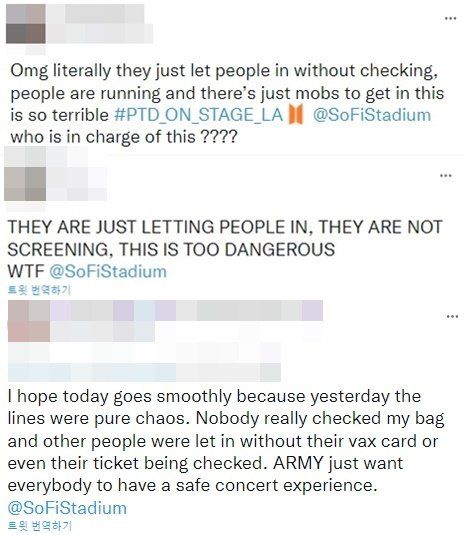 그룹 방탄소년단(BTS)의 미국 로스앤젤레스(LA) 공연이 열리는 '소파이 스타디움'의 소셜네트워크서비스(SNS) 계정에서 누리꾼들이 진행요원 등 공연장 측의 미숙한 안내를 지적하고 있다. [트위터 캡처]