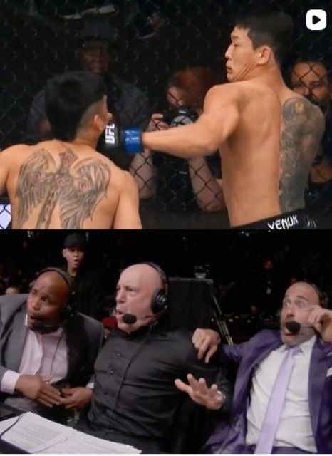 유주상의 한방이 터지는 순간(사진 위)과 이에 깜짝 놀라고 있는 UFC 중계진(아래). ㅣ유주상 인스타그램(화면캡처)