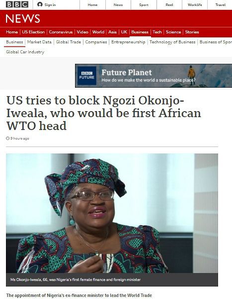 WTO 후보자 관련 내용 보도한 외신. (사진='BBC' 홈페이지 캡처)