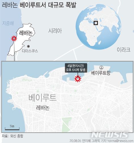[서울=뉴시스]레바논의 수도 베이루트 항구에서 4일(현지시각) 발생한 대규모 폭발로 약 4000명의 사상자가 발생했다. (그래픽=안지혜 기자)  hokma@newsis.com