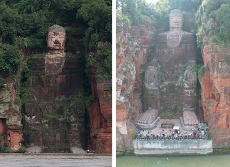 가뭄으로 받침대 드러낸 중국 러산대불[바이두 캡처]