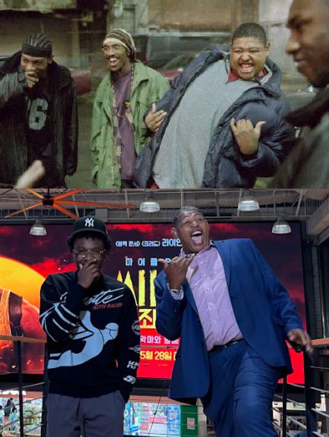 배우 오마 벤슨 밀러(오른쪽)가 '유머짤' 속 자신의 모습을 그대로 따라하고 있다./온라인 커뮤니티, SNS 캡처