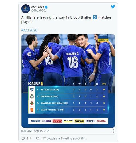 장현수가 풀타임을 뛴 알 힐랄이 B조 선두로 나선 소식을 전한 AFC. [AFC 트위터. 재판매 및 DB 금지]