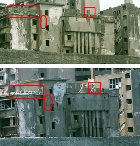 군함도의 조선인 숙소…2015년과 2022년 비교(하시마=연합뉴스) 이세원 특파원 = 1일 오전 일본 나가사키현 하시마(일명 '군함도') 인근 해상을 운항 중인 유람선에서 군함도의 66호 건물(아래)이 보인다. 2015년 6월 5일 비슷한 위치에서 찍은 사진(위)과 비교해보면 옥상의 구조물(붉은 사각형)이 훼손됐고 벽면의 균열(붉은 타원)이 심각해진 것을 알 수 있다.