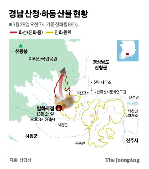 경남도 동물위생시험소 구제역 및 조류 인플루엔자(AI) 소독차 가 28일 오전 경남 산청군 시천면에서 물을 뿌리며 산불 확산을 예방하고 있다. 연합뉴스