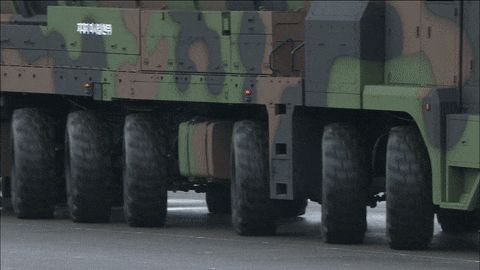 A Hyunmoo-5 launch vehicle moves diagonally during the 76th Armed Forces Day ceremony held at Seoul Air Base in Seongnam, Gyeonggi-do, in October 2024./Captured from the live broadcast of the ceremony