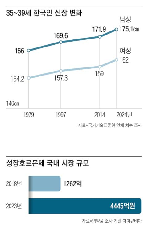 생애 신장이 정점에 달하는 30대 중후반 한국인의 키는 남성 평균이 175, 여성이 162로 아시아에서 가장 큰 수준이다. 한편 평균키 이상을 달성하기 위해 투약하는 성장호르몬제 시장은 매년 급증하고 있다. /그래픽=송윤혜 기자