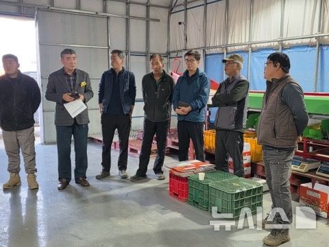 [나주=뉴시스] 최명수 전남도의원(나주·2) 16일 나주시 세지면 시설하우스 방울토마토 재배 농가에서 잎마름병(역병) 피해 현장 간담회를 열고 농가 애로를 청취하고 있다. (사진=독자 제공) photo@newsis.com