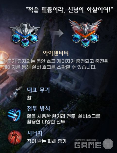 호크아이는 활을 주무기로 사용하는 원거리 딜러로, 적에게 공격이 유지되는 동안 효과 게이지가 충전되며 충전된 게이지를 통해 실버 호크를 소환할 수 있다.