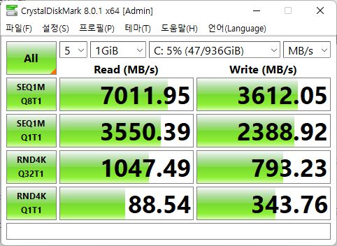 SSD 벤치마크. 연속 읽기 속도: 7011MB/s, 연속 쓰기 속도: 3612MB/s
