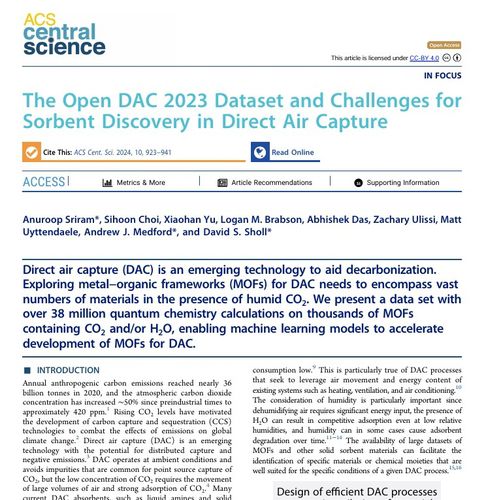 탄소포집 유망물질 2024년 5월 논문(서울=연합뉴스) 2024년 5월 1일 메타와 조지아텍 연구진이 'ACS 센트럴 사이언스'에 낸 탄소포집 유망물질 연구 논문. [ACS 센트럴 사이언스 논문 일부 캡처. DB 및 재판매 금지] 2025.7.3.