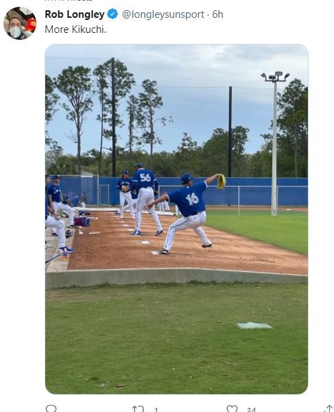 불펜피칭하는 기쿠치(등번호 16)[토론토선 롭 롱니 기자 트위터 캡처. 재판매 및 DB금지]
