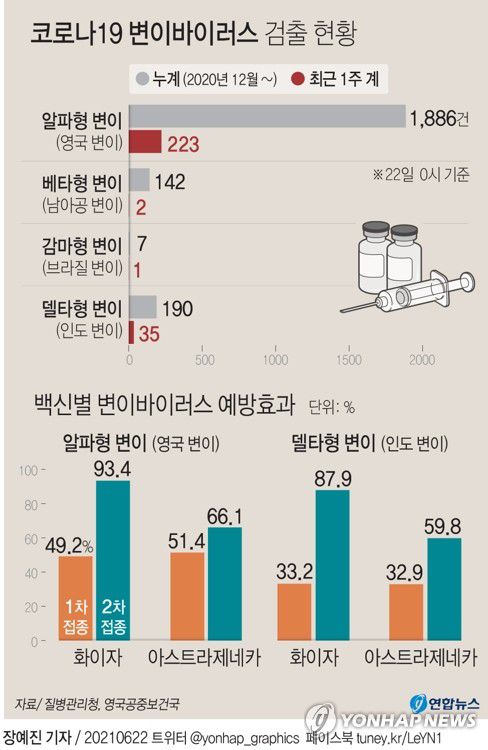 [그래픽] 코로나19 변이바이러스 검출 현황(서울=연합뉴스) 장예진 기자 = 22일 중앙방역대책본부에 따르면 최근 1주간(6.13∼19) 국내에서 영국, 남아프리카공화국, 브라질, 인도 등 이른바 주요 4종 변이 바이러스에 감염된 확진자는 261명이다.
    jin34@yna.co.kr
    트위터 @yonhap_graphics  페이스북 tuney.kr/LeYN1