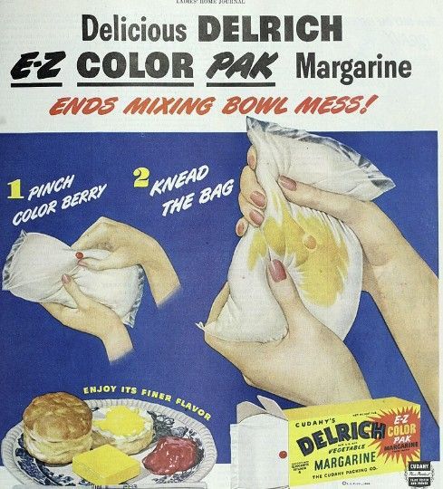 1940년대의 마가린 광고. 무색인 마가린에 인공 색소를 첨가해 버터처럼 노랗게 만드는 방법을 소개하고 있다. 사이언스 히스토리 인스티튜트