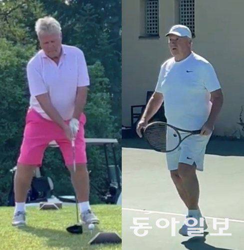 거스 히딩크 감독이 수술 받은 뒤 자유롭게 골프(왼쪽)와 테니스를 즐기고 있는 모습. 히딩크 감독은 축구하는 동영상을 송준섭 원장에게 보내기도 했다. 송준섭 원장 제공.