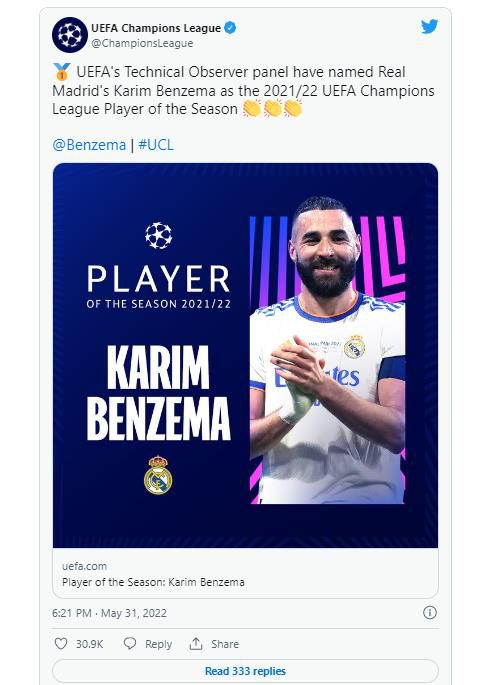 2021-2022시즌 UCL 최우수선수 카림 벤제마.[UCL 트위터. 재판매 및 DB 금지]