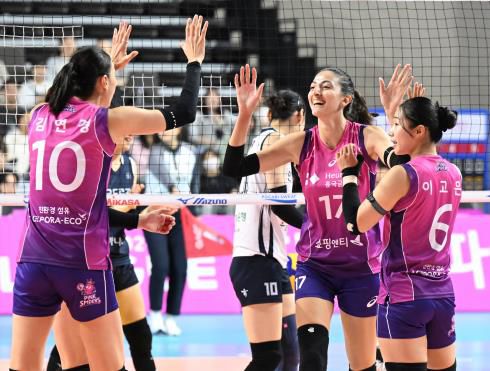 하이파이브하는 흥국생명 선수들[한국배구연맹 제공. 재판매 및 DB 금지]