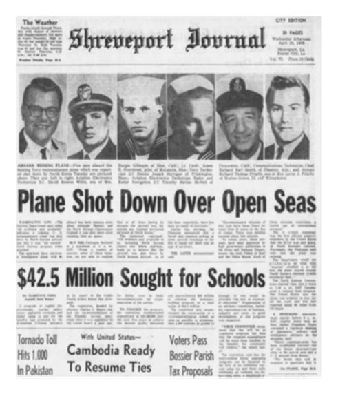 미군 정찰기에 탑승했다가 북한군에 의해 격추된 승무원의 신원을 공개하는 미 언론. 미 국방부는 레이더에서 사라진 정찰기가 북한공군기에 의해 격추되었음을 입증하는 증거가 충분하다고 발표했다. 사진 한미동맹재단