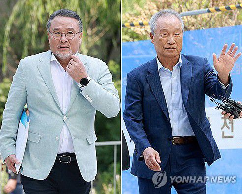 김건희특검, 삼부토건 전·현직 회장 줄소환(서울=연합뉴스) 신현우 기자 = 이일준 삼부토건 회장(왼쪽)과 조성옥 전 삼부토건 회장이 10일  김건희 여사 관련 의혹을 수사 중인 민중기 특별검사팀의 조사를 받기 위해 서울 종로구 KT광화문빌딩 웨스트에 마련된 특검 사무실에 출석하고 있다. 2025.7.10 nowwego@yna.co.kr