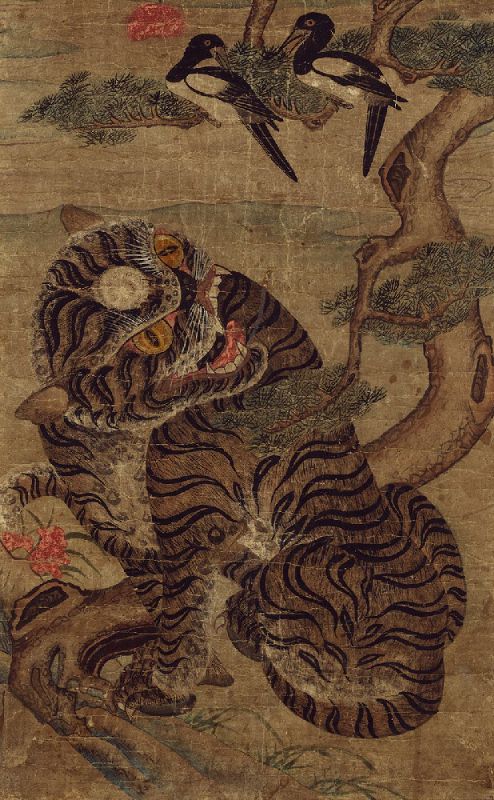 19세기 그려진 ‘호작도(虎鵲圖·호랑이와 까치 그림)’. 민화로 사랑받은 호작도는 액막이, 길상 등을 가져다준다고 여겨졌다. 아모레퍼시픽미술관 제공.