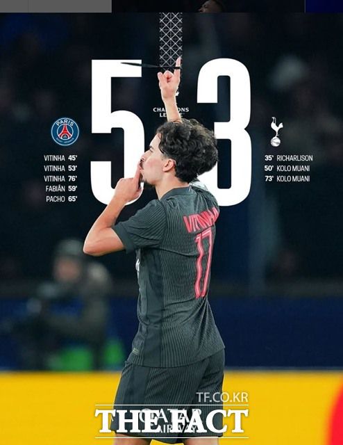 비티냐의 해트트릭으로 5-3 승리를 거둔 PSG./PSG